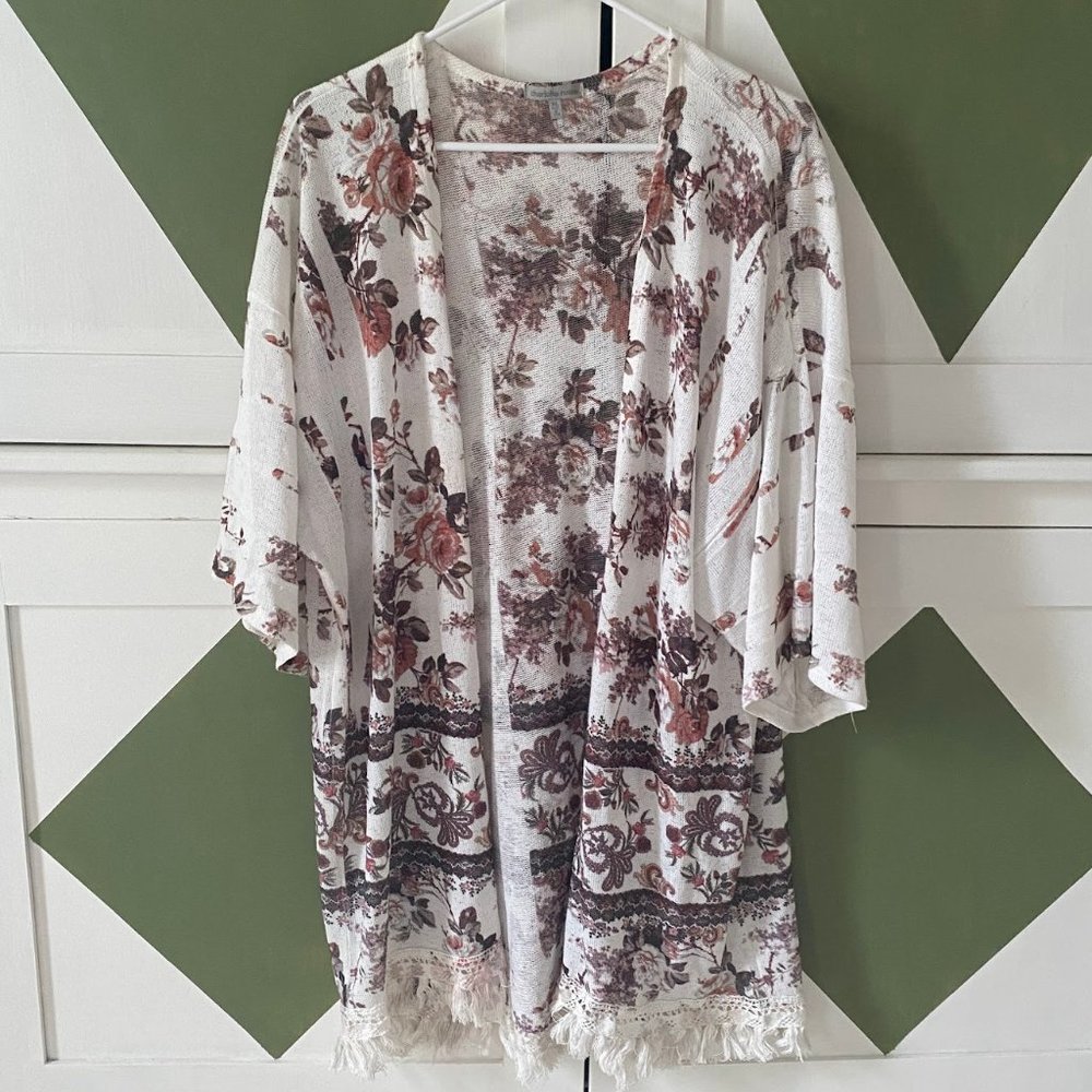 Charlotte Russe Floral Fringe Open Knit Cardigan